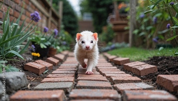 Fototapeta Albino ferret running along garden path lined with bricks