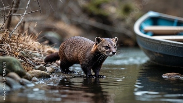Fototapeta American mink walking stream edge beside docked rowboat