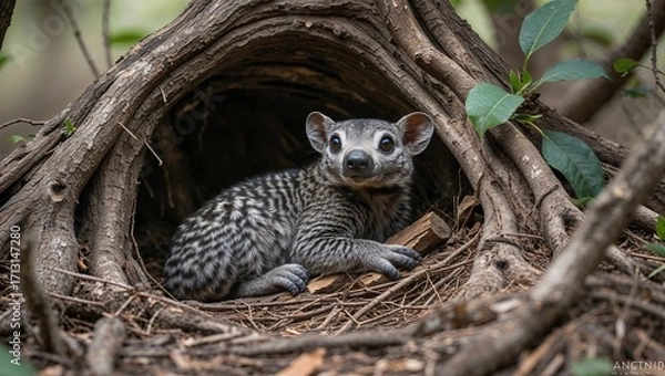 Fototapeta Angwantibo resting inside small shaded tree hollow