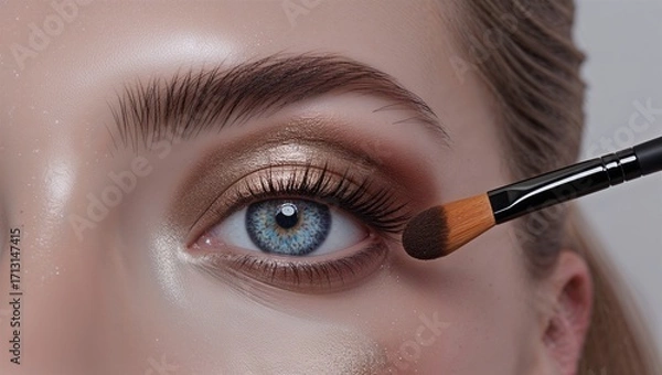 Fototapeta Applying shimmer pigment to eyelid with brush, palette tones and soft blending visible