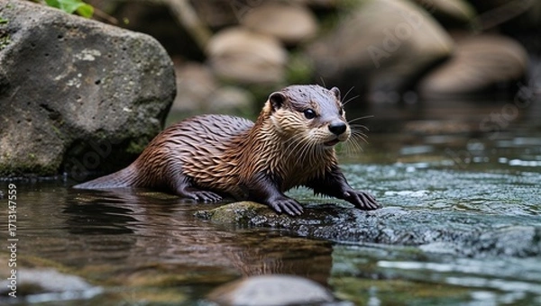 Fototapeta Asian small-clawed otter playing near stone bank in stream