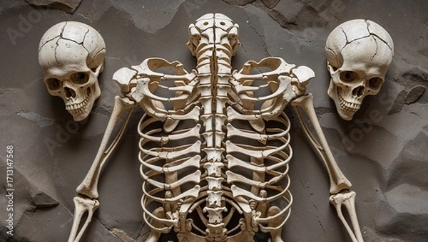 Fototapeta Atopodentatus fossil skeleton shown from above with flat skull and expanded ribcage