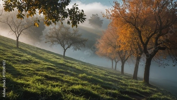 Fototapeta Autumn mist hanging low over orchard slope with wet grass and orange tree shadows