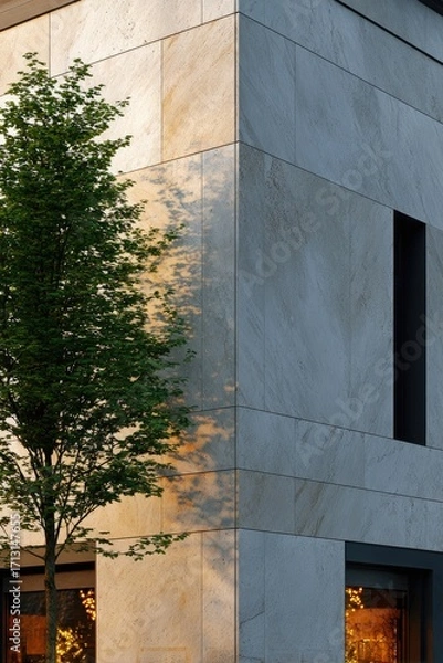 Fototapeta A corner of a modern building, featuring light-toned stone panels, casts dramatic shadows from a leafy tree, creating a striking architectural interplay of light and form.