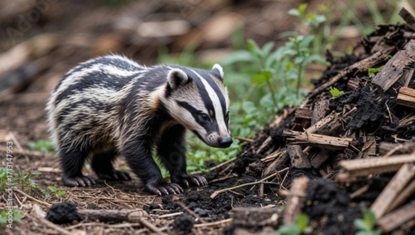 Fototapeta Badger cub sniffing near compost pile at edge of property