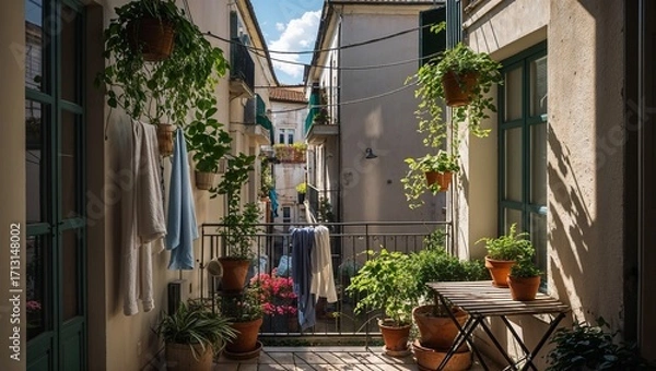 Fototapeta Balcony with hanging plants and laundry overlooking alley filled with shadows