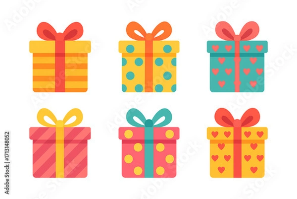 Fototapeta Set of 6 colorful gift box icons with bows in festive modern flat vector style