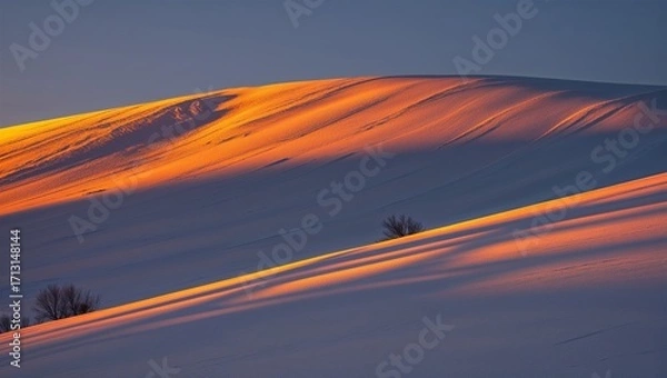 Fototapeta Bare hill glowing orange in dusk light with long brush shadows across flat snow