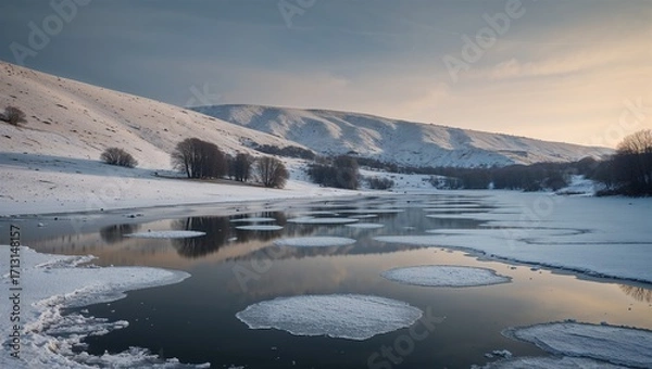 Fototapeta Bare hillside scattered with small frozen ponds reflecting dim pale sky