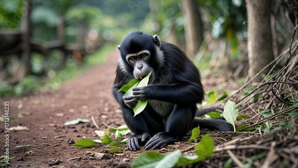 Fototapeta Bare-eared squirrel monkey playing in small enclosure near coop