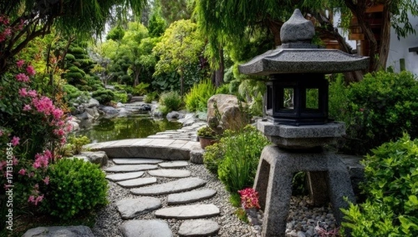Fototapeta A serene Japanese garden path winds through lush greenery and a tranquil pond, illuminated by a grey stone lantern.