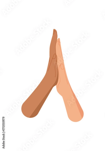 Fototapeta Hands together in flat style symbolize solidarity and support sticker. Diverse human gesture representing friendship, equality, and unity. Perfect for social campaigns, community designs, projects