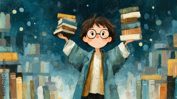 Fototapeta Whimsical young librarian juggling stacks of books, cute character with round glasses on painterly background