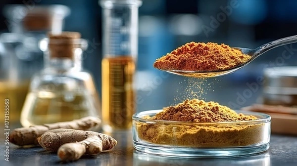 Fototapeta Turmeric powder pouring from a spoon into a glass petri dish, showcasing the spice's application in scientific research and natural health remedies with raw roots and lab equipment