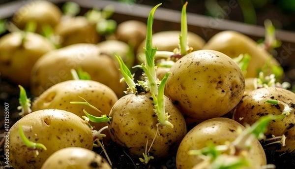 Fototapeta Sprouting potatoes in soil