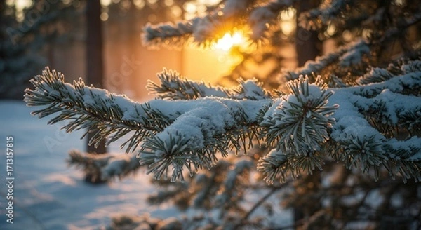 Fototapeta Snow-covered pine branch with sunlight shining through trees  