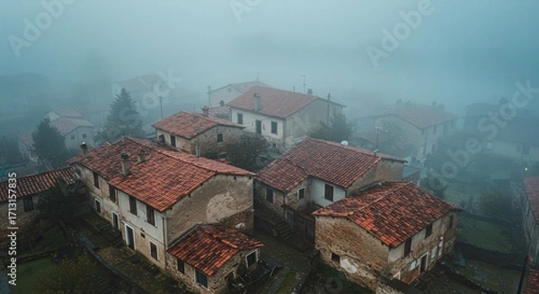 Fototapeta Foggy village landscape with rustic houses and red rooftops  