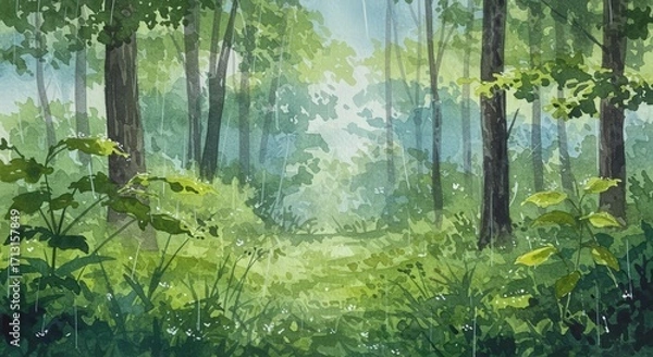 Fototapeta Lush green forest landscape with sunlight filtering through trees  