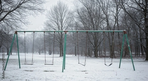 Fototapeta Abandoned swingset in snowy park under winter clouds  
