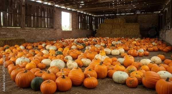 Fototapeta Pumpkins arranged on the floor of a barn in autumn setting  