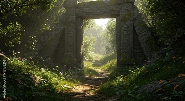 Fototapeta Ancient stone archway in lush forest path illuminated by sunlight  