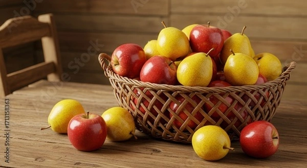 Fototapeta Fresh red and yellow apples in wicker basket on wooden table  