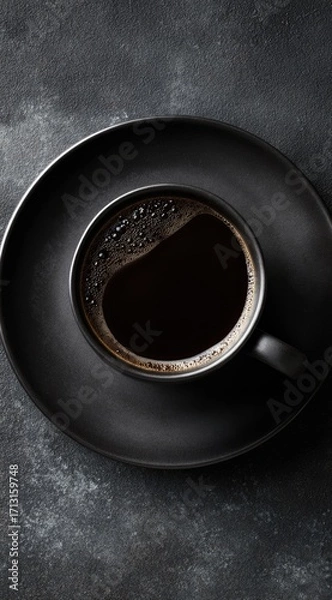 Fototapeta Rich dark coffee in a sleek black ceramic cup and saucer, presented on a dark gray stone surface, evokes a sophisticated and minimalist mood.