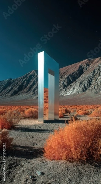 Fototapeta A large, reflective, metallic structure stands in a desert landscape, framed by vibrant, orange-toned brush.