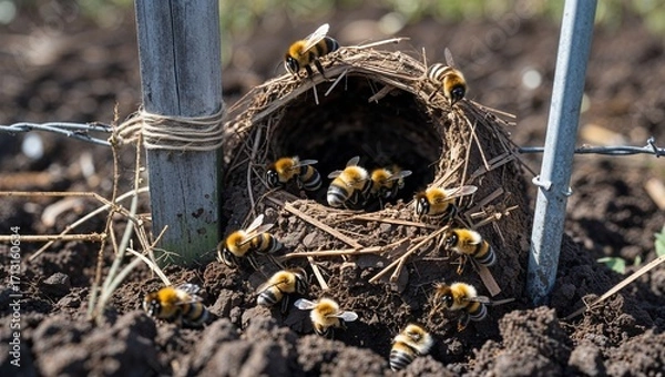 Fototapeta Bumblebee nest visible under soil near fence post