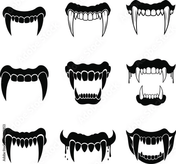 Obraz Halloween Fangs Icons Set - A Pack of 9 Different Silhouette Illustrations with a White Backgroun