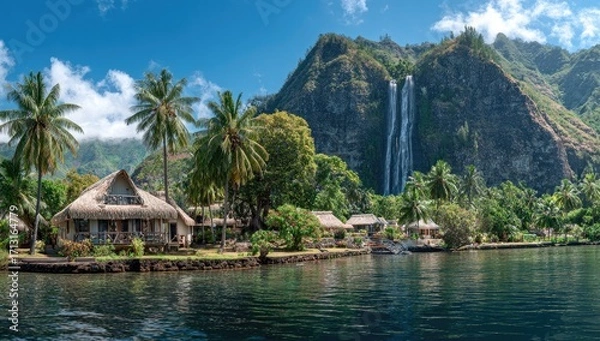 Fototapeta Picturesque waterfront huts nestled along a tranquil bay, with a dramatic waterfall cascading down a lush mountainside, creating a serene and vibrant tropical paradise.