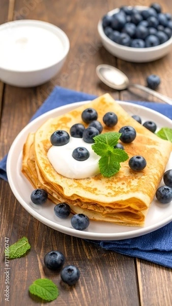 Fototapeta Stack of crepes topped with blueberries, whipped cream, and mint