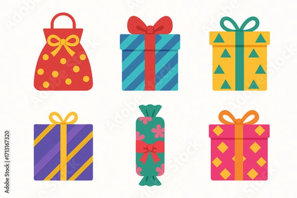 Fototapeta Festive packaging and gift box icons in colorful flat vector style