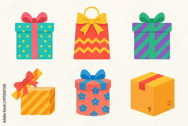Fototapeta Festive packaging and gift box icons in colorful flat vector style