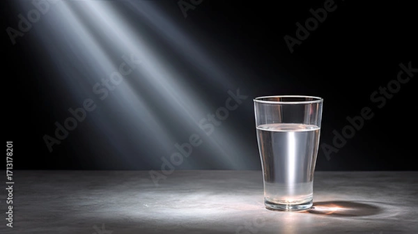 Fototapeta Clear glass of water sits on dark surface, illuminated by soft rays of light, creating serene and tranquil atmosphere. reflection and refraction of light enhance beauty of water