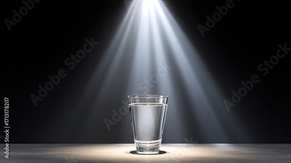 Fototapeta Glass of water is illuminated by spotlight, creating striking contrast against dark background. clarity of water and reflections enhance visual appeal, evoking sense of tranquility and simplicity