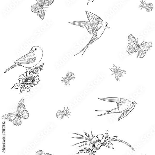 Obraz Floral seamless pattern with butterflies and bees and birds in realistic botanical style.  Stock vector illustration. Outline hand drawn.