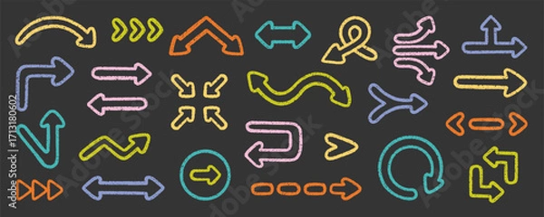 Obraz Chalk pencil arrows doodle set. Charcoal childish scribble direction pointers in sketch style. Crayon and Grunge texture. Hand drawn vector illustration isolated on black background
