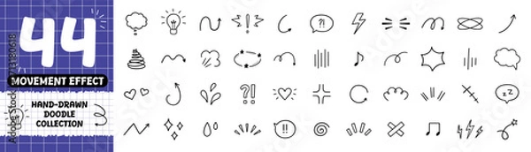 Obraz Comic expression sign and movement effect doodle set. Japanese decorative lines, shock, character emotion. Anime and manga symbols in sketch style. Hand drawn illustration isolated on white background