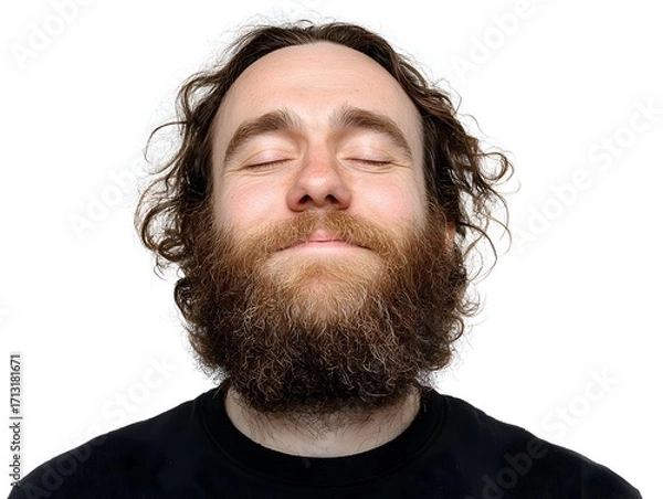 Fototapeta A bearded man with curly hair closes his eyes and relaxes in front of a plain white background peacefully.