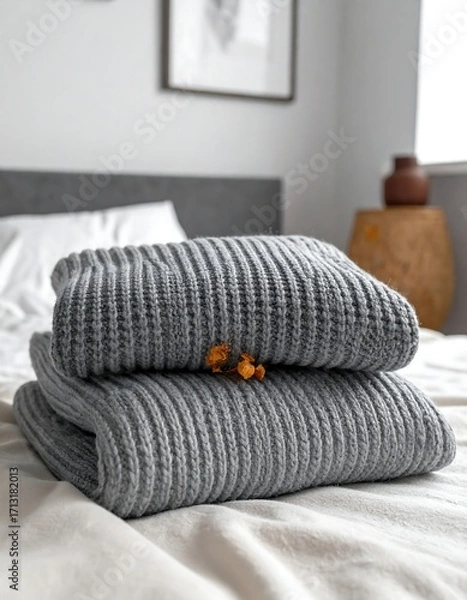 Fototapeta Stacked gray knitted throws on a bed