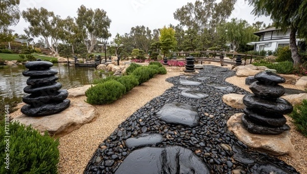Fototapeta A tranquil Japanese garden path winds through a meticulously landscaped area, featuring smooth, dark stones and serene stacks of black stones.