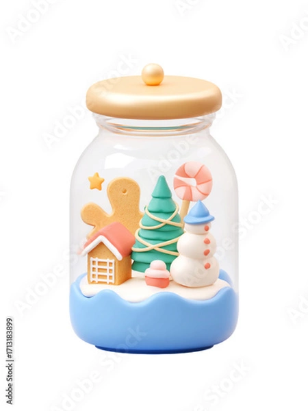 Fototapeta Christmas cookie jar with gingerbread man, snowman, candy, and tree inside, festive holiday dessert decoration in glass container