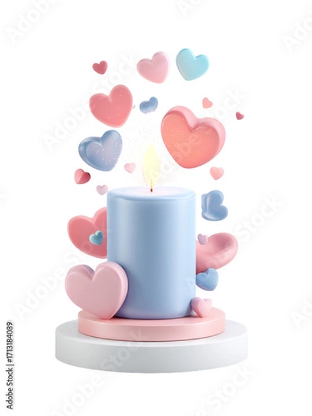 Fototapeta Romantic candle with glowing flame surrounded by floating pink and blue heart shapes, creating warm and loving atmosphere