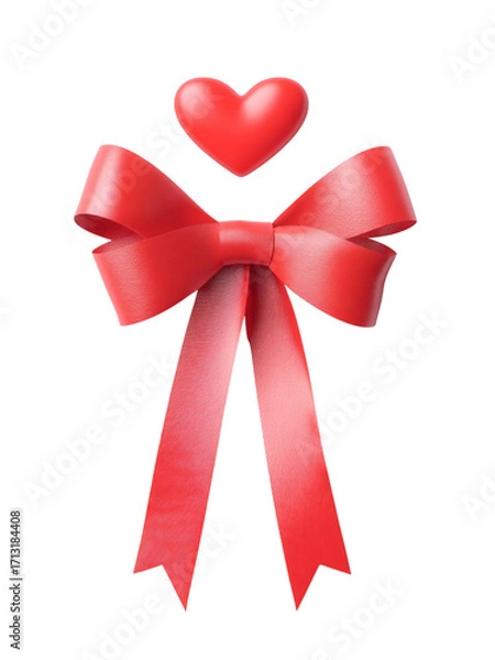 Fototapeta Red satin ribbon bow with heart shape above, romantic decoration element for celebration and gift wrapping