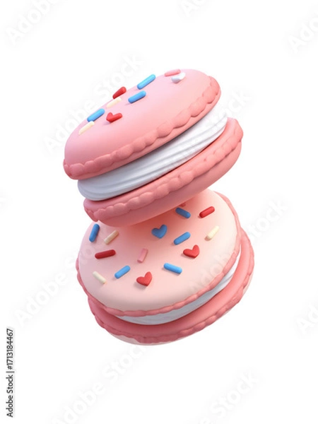 Fototapeta Pink macarons with white cream filling and colorful heart and stick sprinkles, sweet and festive dessert perfect for celebration or gift
