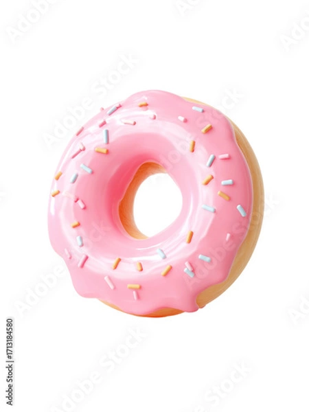 Fototapeta Pink glazed donut with colorful sprinkles sweet dessert treat isolated on transparency background with shiny glaze