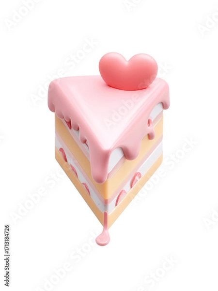 Fototapeta Pink heart cake slice with creamy layers and dripping frosting, sweet dessert symbolizing love and celebration in cute isometric style