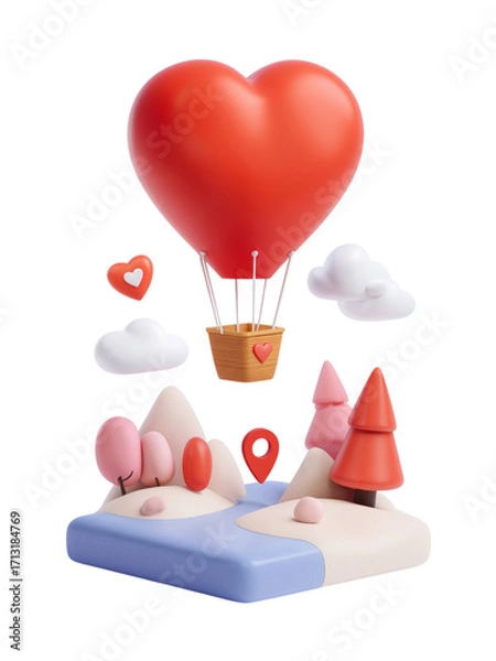 Fototapeta Heart shaped balloon flying over colorful landscape with trees, hills, clouds, and location marker, evoking romantic and whimsical feeling