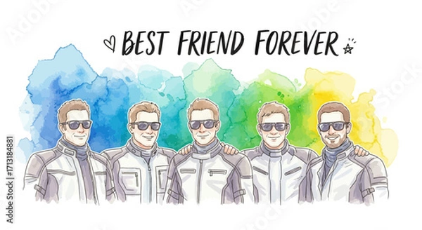 Fototapeta Illustration of five men wearing sunglasses and matching jackets, standing shoulder-to-shoulder with a watercolor background and the text "Best Friend Forever".